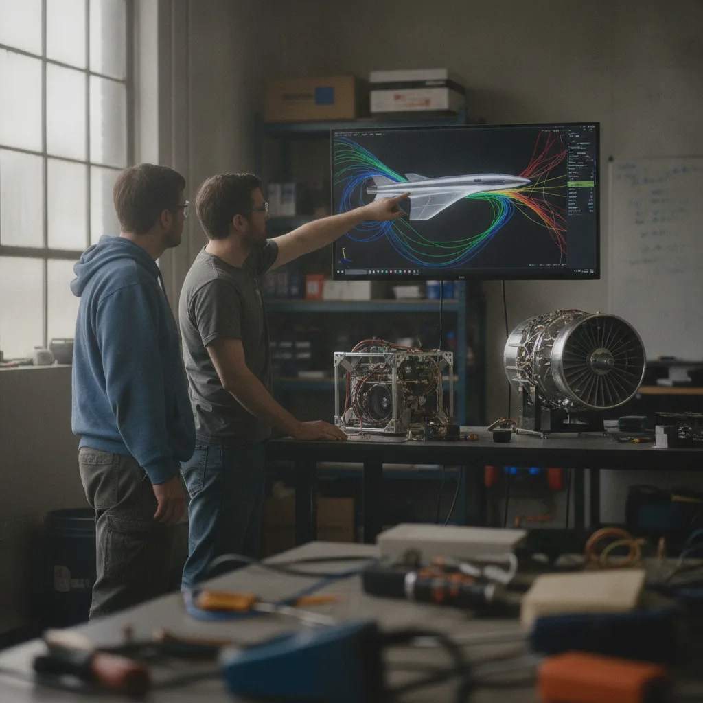 Aerospace startup engineers reviewing a CFD airflow simulation next to a small satellite and engine test article